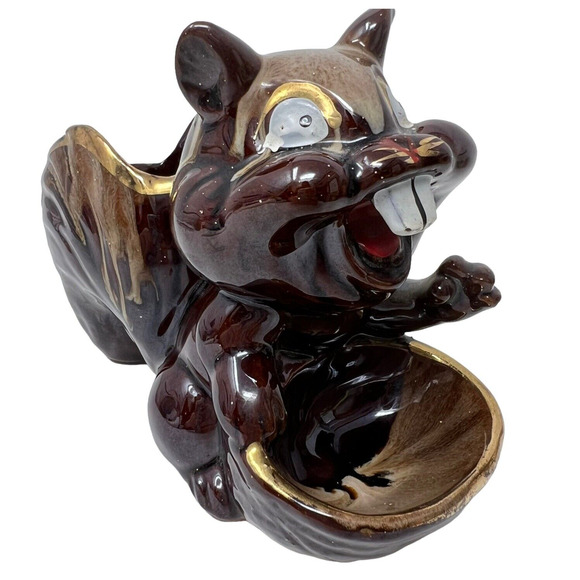 Squirrel Chipmunk Crazy Buck Tooth Brown Ceramic Nut Trinket Dish Vintage Japan - Picture 1 of 10